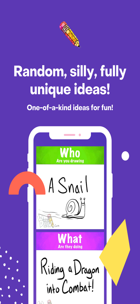 A screenshot of the WannaDraw app showing a creative drawing prompt suggesting to draw a snail riding a dragon into combat.