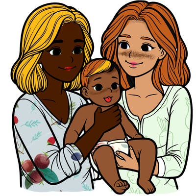 two realistic women holding one baby together