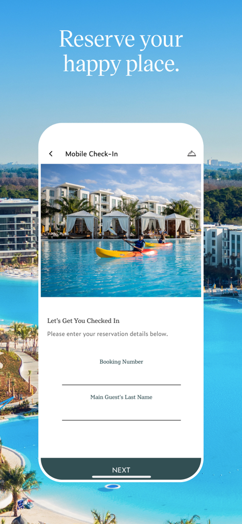 Evermore Resort - Evermore Resort mobile app check-in screen featuring a tropical lagoon background.