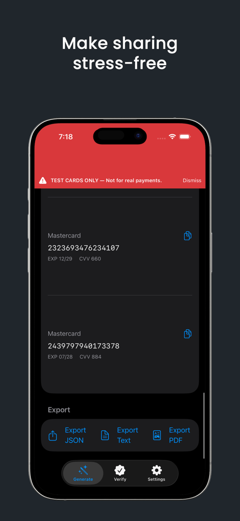 Credit Card Generator - Credit Card Generator mobile app screen showing test card numbers and export buttons for JSON Text and PDF formats