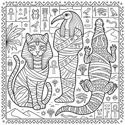 Unearth the mysteries of ancient Egypt with this intricate coloring page featuring revered animal mummies. Bring a mummified cat, ibis figure, and crocodile to life amidst a backdrop of hieroglyphs and desert symbols.