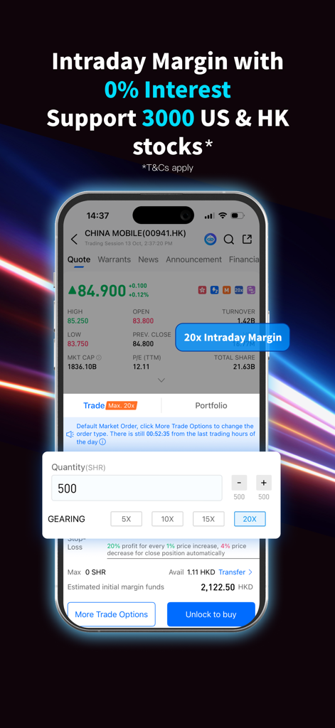 uSMART HK: No.1 Tech Broker^ - uSMART HK app interface displaying 20x intraday margin and 0 percent interest on US and HK stocks