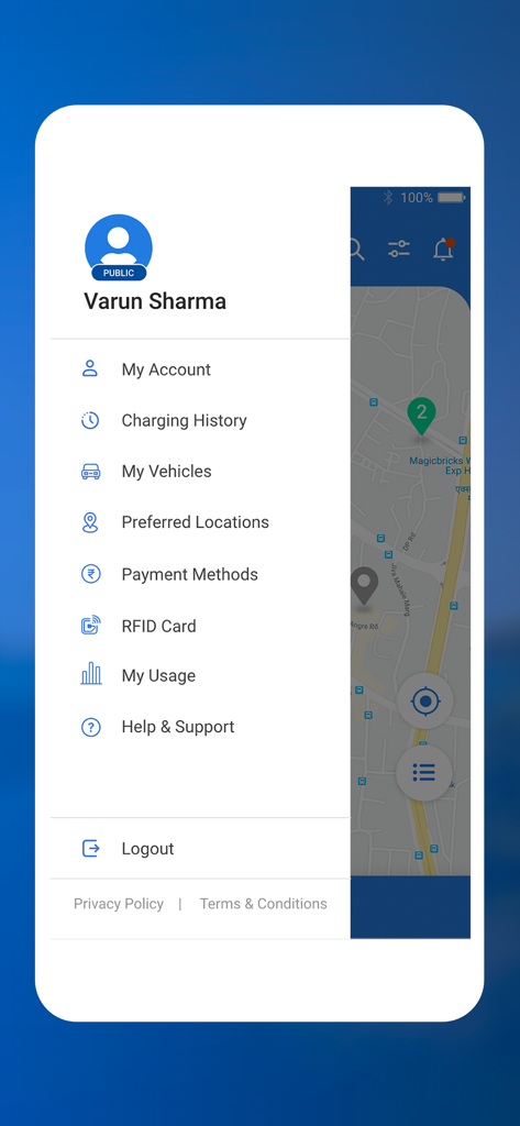 Tata Power EZ Charge - Ein seitliches Navigationsmenü der mobilen App Tata Power EZ Charge mit Benutzerprofil- und Kontoeinstellungen.