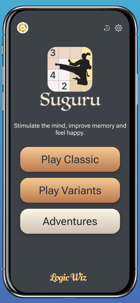 Suguru & Variants by Logic Wiz - Main menu of the Suguru and Variants app featuring buttons for Play Classic and Play Variants