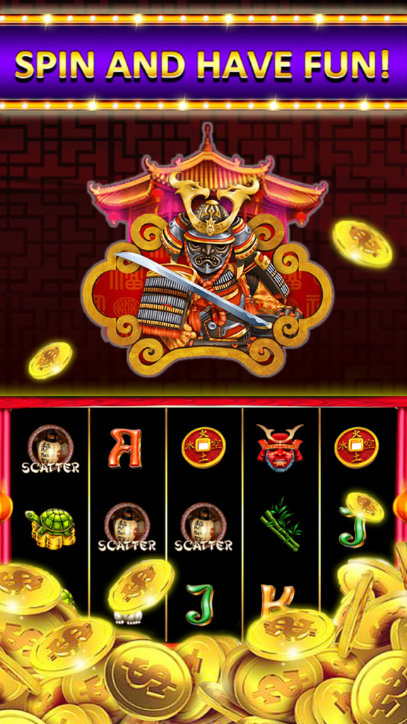Samurai themed slot machine in Dragon Slots app with gold coins