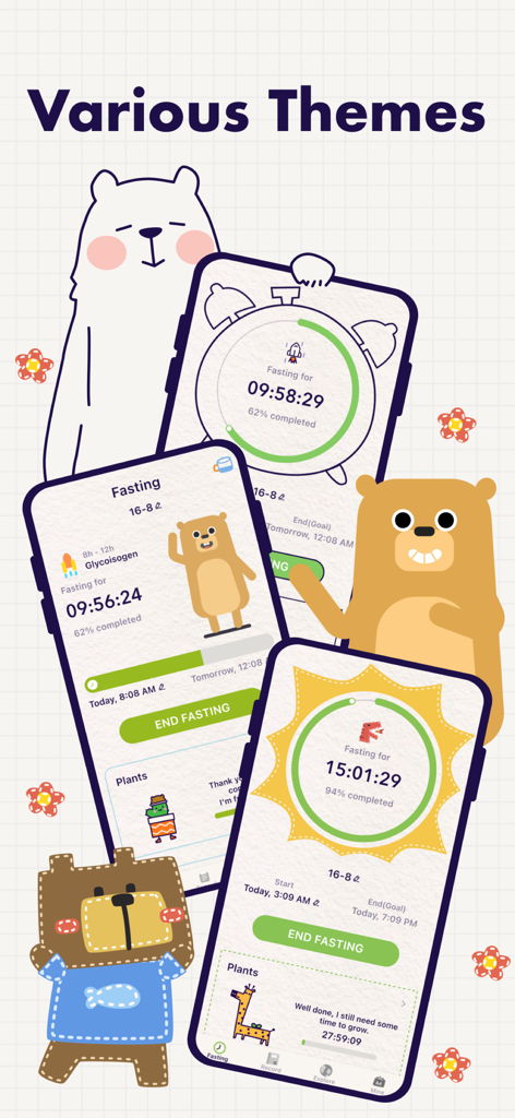 Intermittent fasting tracker app interface featuring various customizable themes with cute cartoon characters
