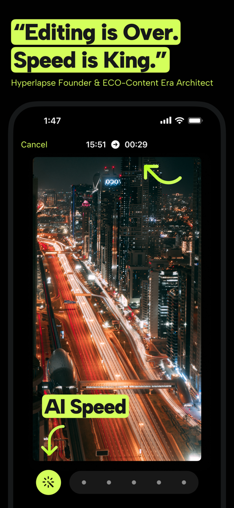 Hyperlapse Timelapse Video Cam - Interface de l'application Hyperlapse montrant la fonction Vitesse IA et un timelapse de nuit en ville