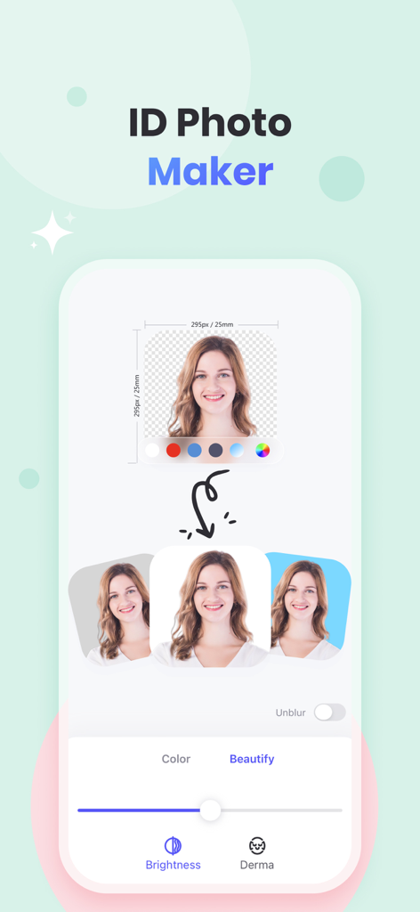 Pantalla de la aplicación PicWish que muestra la función 'ID Photo Maker' con opciones de color de fondo para retratos y herramientas de edición de belleza