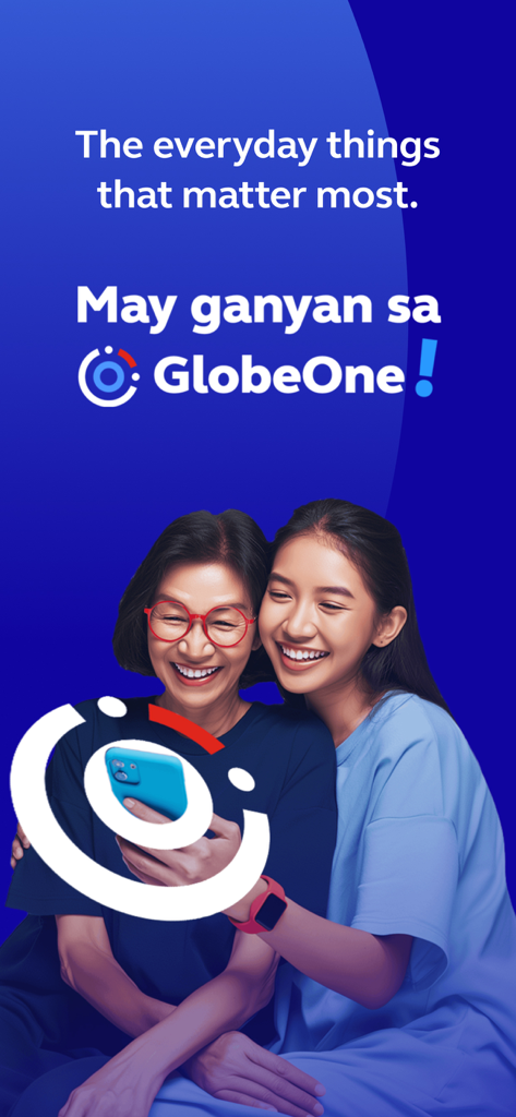 GlobeOne: Get More from Globe - Dos mujeres filipinas sonrientes mirando un smartphone con la marca de la aplicación GlobeOne y texto promocional