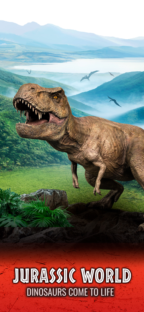 Un Tiranosaurio Rex realista en un valle montañoso con el texto Jurassic World Los dinosaurios cobran vida