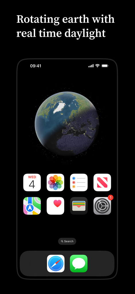Earth Widget - iPhone home screen showing the Earth Widget with real time daylight and night shading on a rotating globe