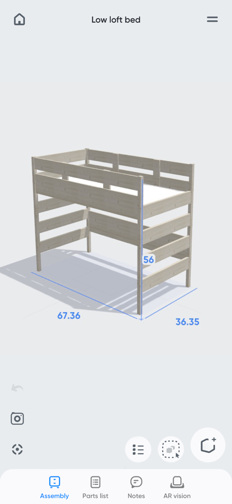 Moblo - 3D furniture modeling - A wooden low loft bed 3D model with dimensions displayed in the Moblo furniture design app.