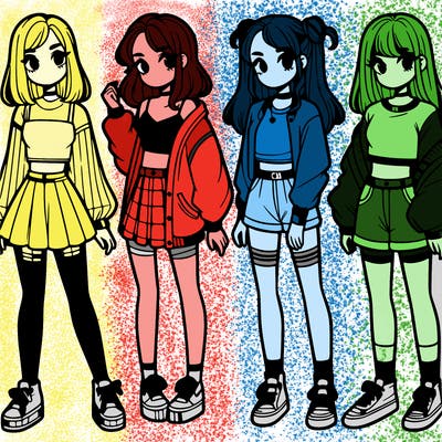 one girl with crop-top shirt and a jacket with a skirt, long socks and another girl with a shirt and pants with a jacket