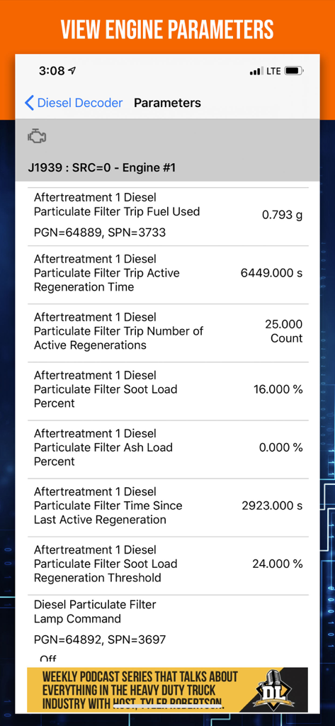 Diesel Decoder app interface showing engine diagnostic parameters and DPF data