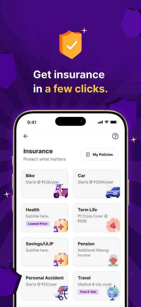 PhonePe app interface showing different insurance products like bike car and health insurance