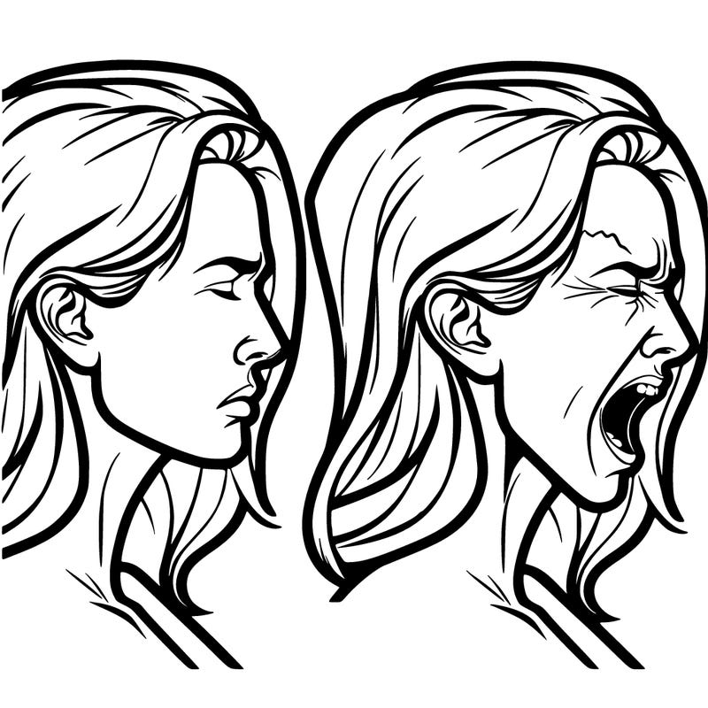 side profile outline of a woman’s face no features just an outline and inside the outline is a second woman screaming in exhaustion.