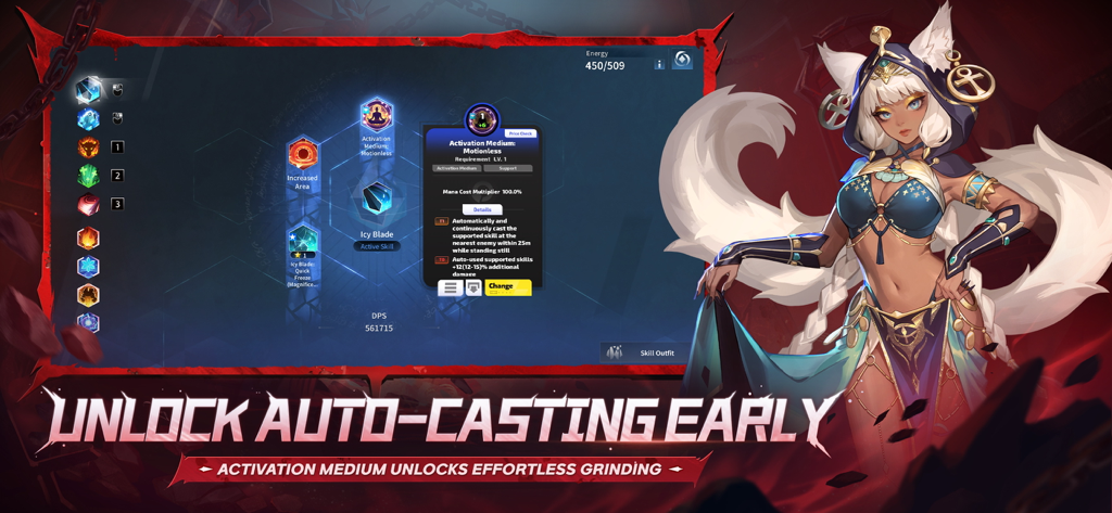 Torchlight Infinite game interface showing the auto-casting skill customization menu alongside a stylized character portrait.