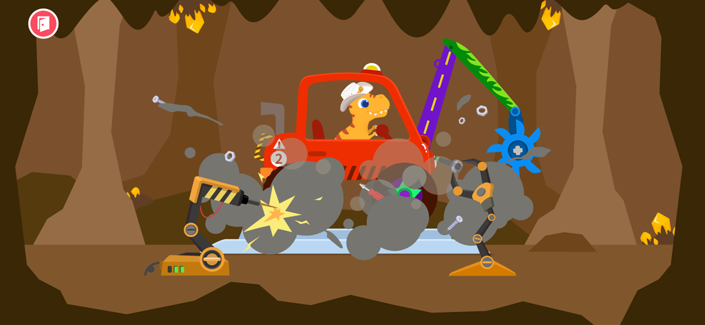 Dinosaur Digger Excavator Game - A dinosaur driving a red construction vehicle in an underground cave with robotic assembly arms