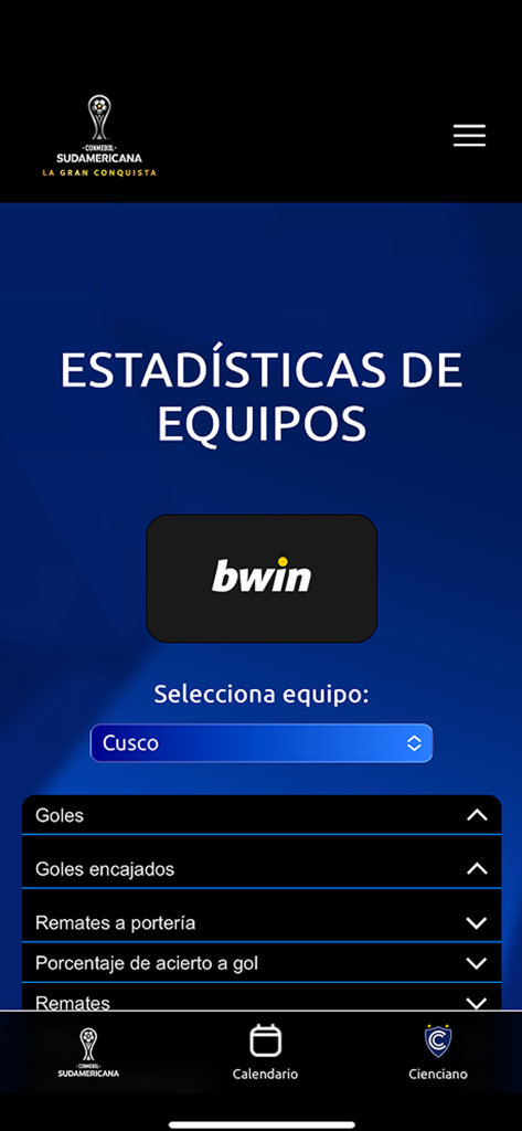 CONMEBOL Sudamericana - Pantalla de estadísticas de equipos de la app CONMEBOL Sudamericana con categorías como goles y disparos a puerta