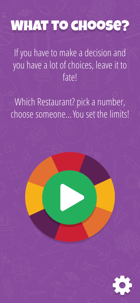 Decision Roulette: you choose! - アイコンと「何を選ぶか」というテキストが表示された紫色の背景に再生ボタンが付いたカラフルな意思決定ルーレットホイール。