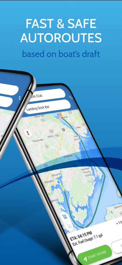 Argo - Boating Navigation - Argo boating app interface showing a marine navigation route with ETA and fuel usage based on boat draft