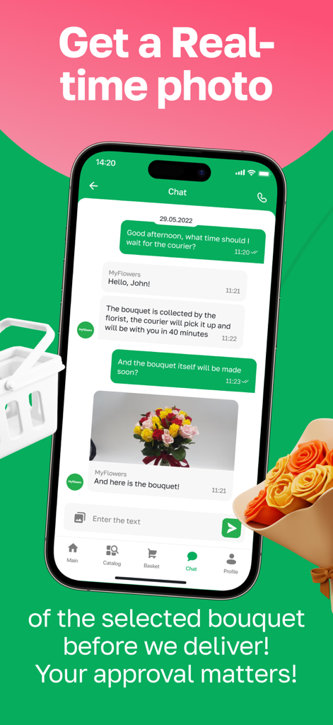 Flowers delivery - Myflowers - Myflowers app chat interface showing a real-time photo of a flower bouquet for customer approval before delivery.