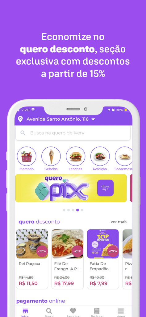 Quero Delivery - Quero Delivery mobile app interface showing food categories and an exclusive discount section.