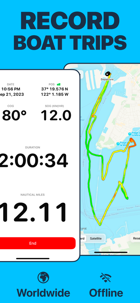 Boating Logbook: Skipper - Interfaz de Diario de Navegación Skipper que muestra estadísticas de viaje en vivo y seguimiento de mapa GPS