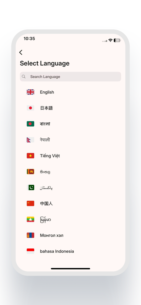 JME Remittance app language selection screen with list of languages and flags