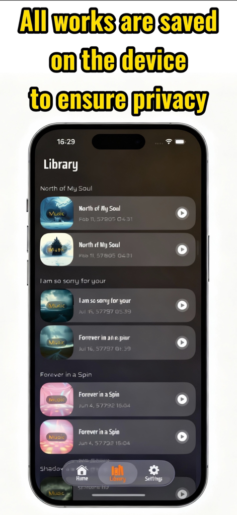 Songify: AI Music Generator - Tela do smartphone mostrando a biblioteca de músicas geradas no aplicativo Songify com uma legenda afirmando que os trabalhos são salvos no dispositivo para privacidade.