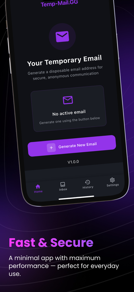 Temp Mail GG app home screen showing the generate new email button and dark mode interface