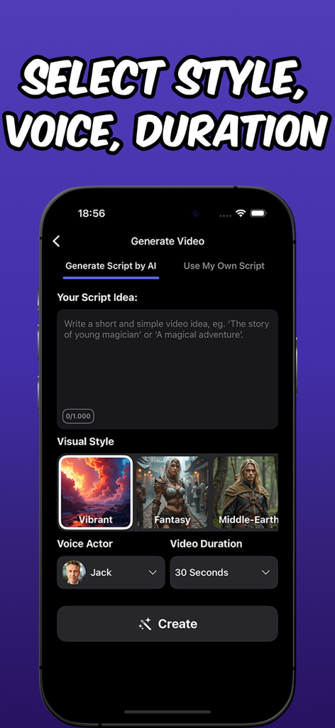 Faceless - AI Video Generator - App screen showing options to select visual style voice actor and video duration for AI content creation
