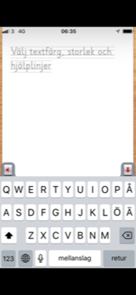 Skolstil 3 - skrivprogram - Interfaz de escritura móvil de Skolstil 3 que muestra una fuente de caligrafía y líneas guía.