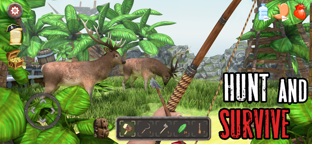 Shark Land: Desert Island - First person view of a player hunting deer with a bow on a tropical island in Shark Land