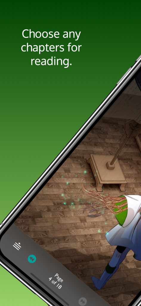 Ein Handy-Bildschirm, der eine Manga-Kapitel-Seite mit Navigationssteuerelementen in der MangaKakalot-App zeigt