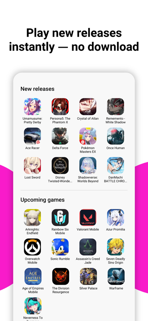 CloudMoon - Cloud Gaming - Interfaccia dell'app CloudMoon che mostra un elenco di giochi mobili nuovi e in arrivo disponibili per giocare istantaneamente senza download.