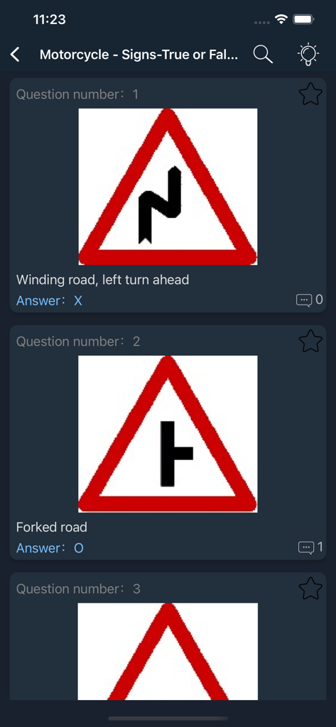 Quiz interface of the Taiwan Drivers License Test app showing motorcycle road sign questions in English and dark mode.