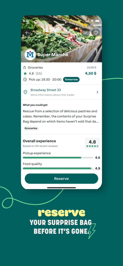 Mobile screen of the Too Good To Go app showing a grocery surprise bag for four dollars fifty from Super Marche.