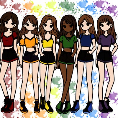 a group of girls wearing crop tops and shorts