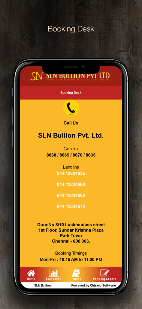 Booking desk screen of SLN Bullion showing contact information and office address in Chennai