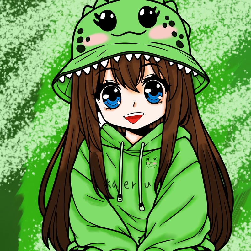 girl with anime shaped eyes with a dinosaur bucket hat oversized sweatshirt long straight hair