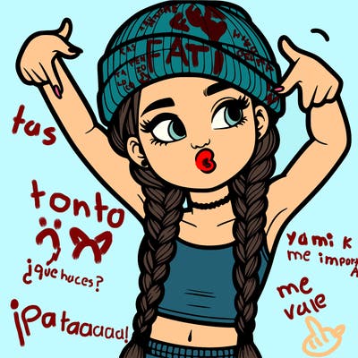 realistic teenage girl with braids and a beanie and crop top doing 🫶🏼