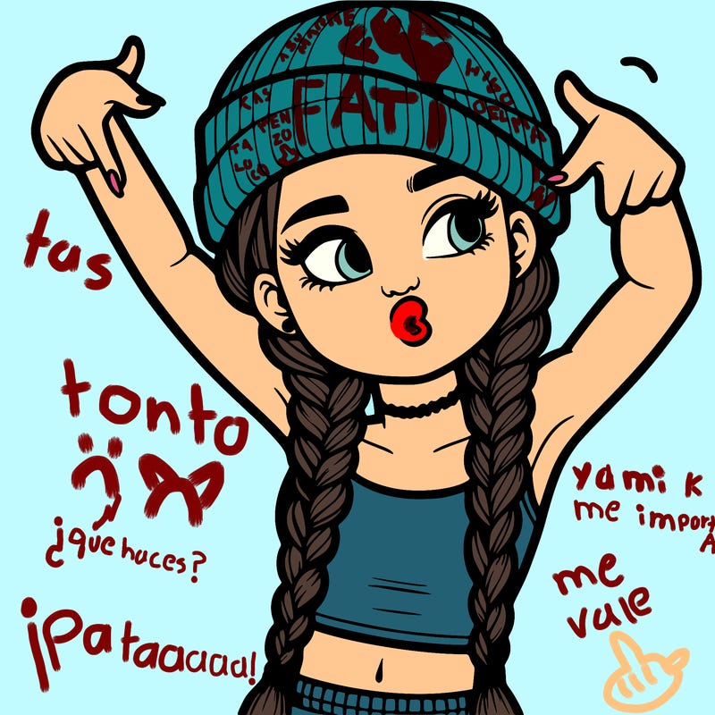 realistic teenage girl with braids and a beanie and crop top doing 🫶🏼