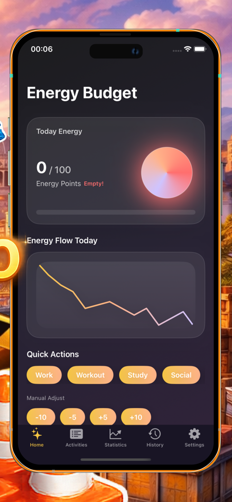Energy Budget: Shape Wisely! - Energy Budget app dashboard showing daily energy flow chart and quick activity log buttons