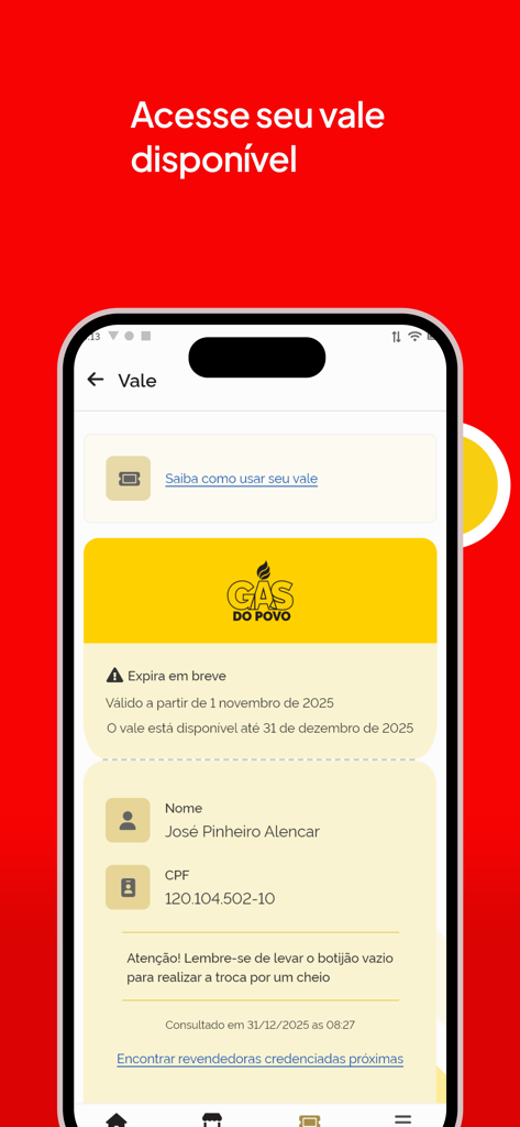 Screenshot of the Meu Social Gas do Povo app displaying a digital gas voucher with beneficiary details and expiration date