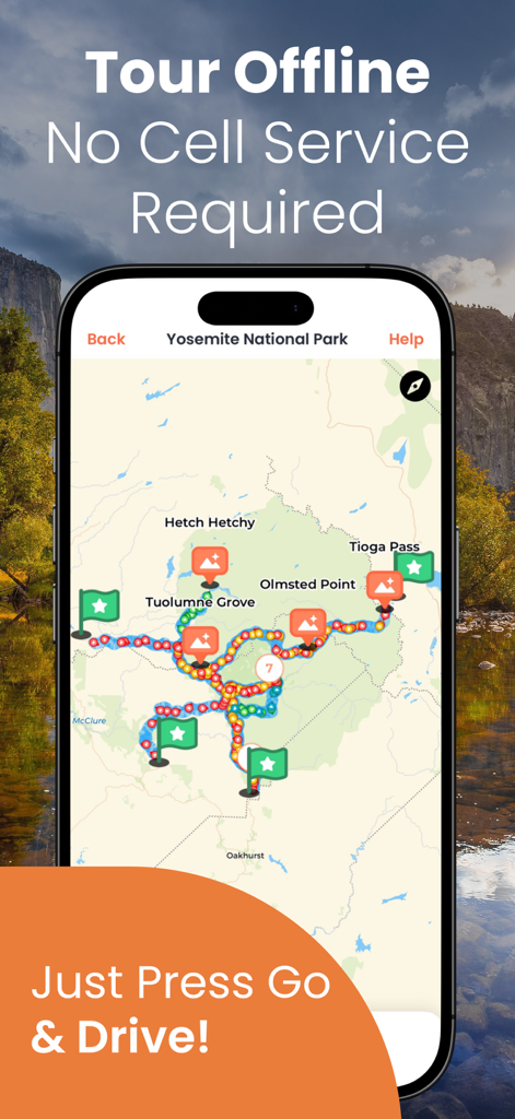 Yosemite GyPSy Guide Tour - Yosemite GyPSy Guide app screenshot showing an offline driving tour map with points of interest