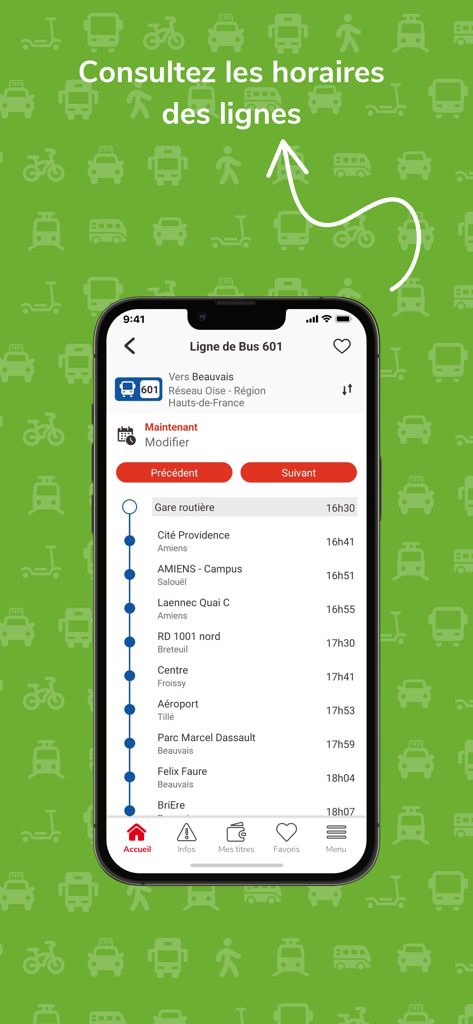 App Oise Mobilite mostrando el horario de una línea de autobús con horas de salida y paradas