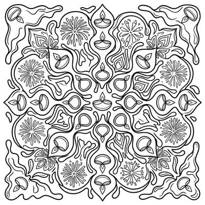 Celebrate the Festival of Lights with a unique twist! This intricate coloring page blends the molten beauty of obsidian flows with traditional Diwali rangoli, complete with diyas and festive fireworks, offering a captivating artistic journey.