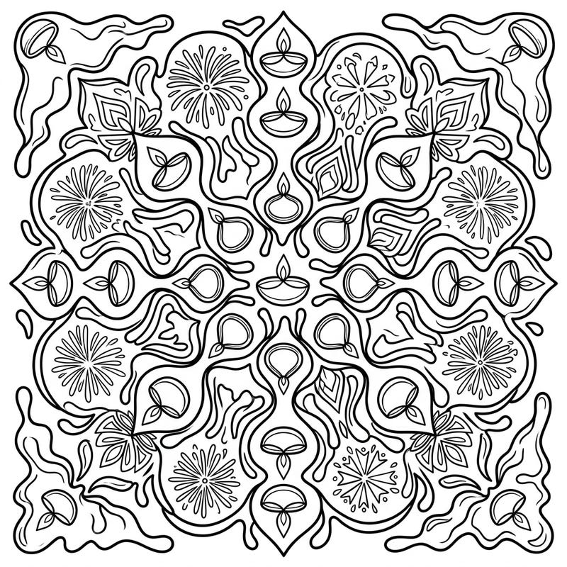 Celebrate the Festival of Lights with a unique twist! This intricate coloring page blends the molten beauty of obsidian flows with traditional Diwali rangoli, complete with diyas and festive fireworks, offering a captivating artistic journey.