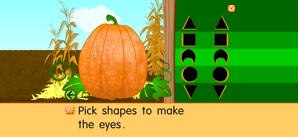 Starfall Pumpkin - Una pantalla de la aplicación Starfall Calabaza que muestra una calabaza en un campo con un menú lateral para elegir formas para sus ojos.